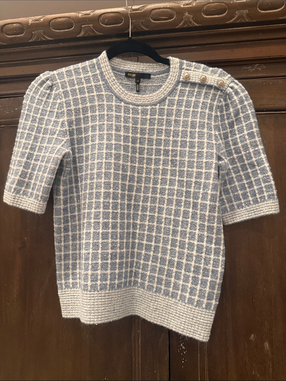 Maje Light Blue and Cream Grid Knit Short-Sleeve Sweater with Shoulder Buttons